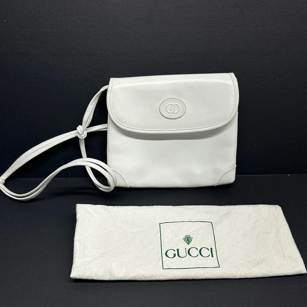 Gucci Purse Shoulder Bag Italian Leather Square White Gold Vintage With Dustbag - Picture 1 of 17
